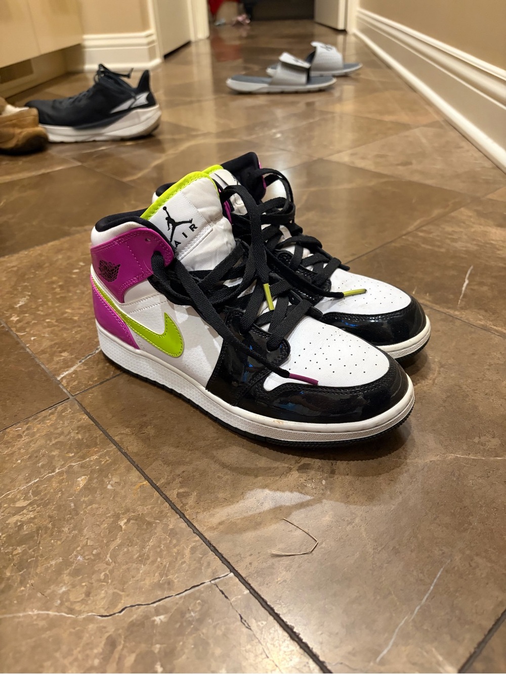 Jordan 1 Mid—white, black, cyber, pink